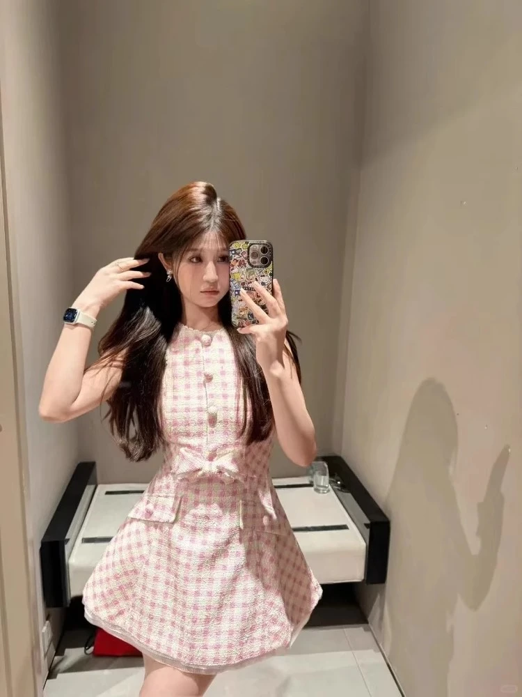 【今安安】法式甜美小香风粉色格纹蕾丝花边背心连衣裙