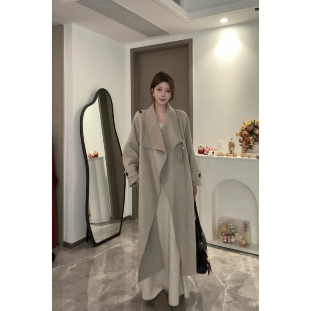 【】25年秋冬新款休闲腰带中长款双面羊毛大衣外套女装