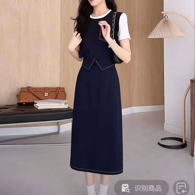 藏青色套装女装夏季2025新款巨好看假两件短袖上衣半身裙两件套