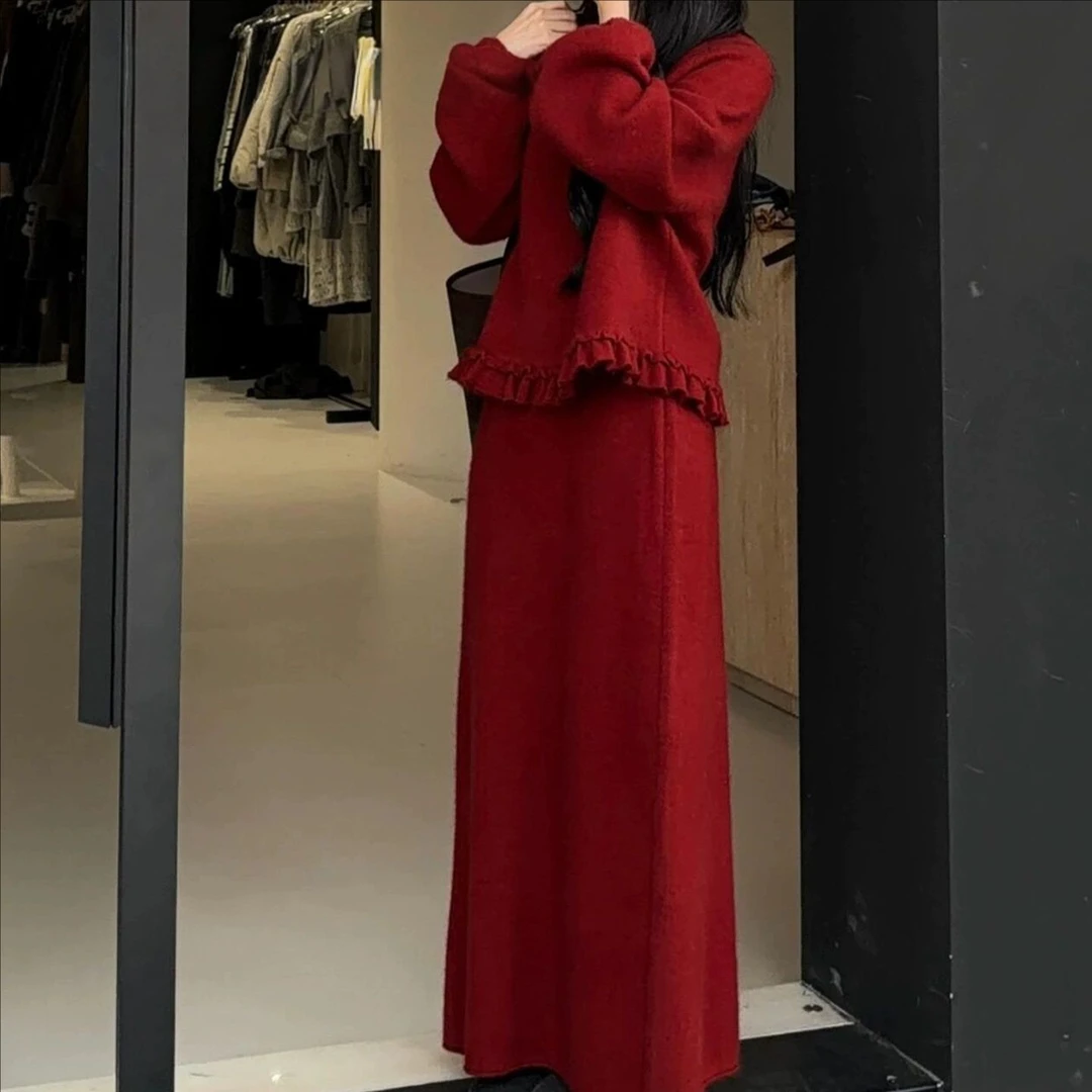 【岩心】大码女装300斤胖MM宽松慵懒红色针织毛衣半身裙两件套930