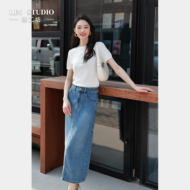 【100%莱赛尔】琳工坊“庭青”蓝色牛仔半裙复古时尚减龄唐琳设计师