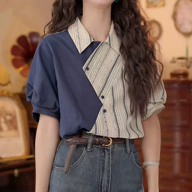 2025年夏季新款法式气质减龄条纹不规则短袖衬衫女宽松百搭上衣服