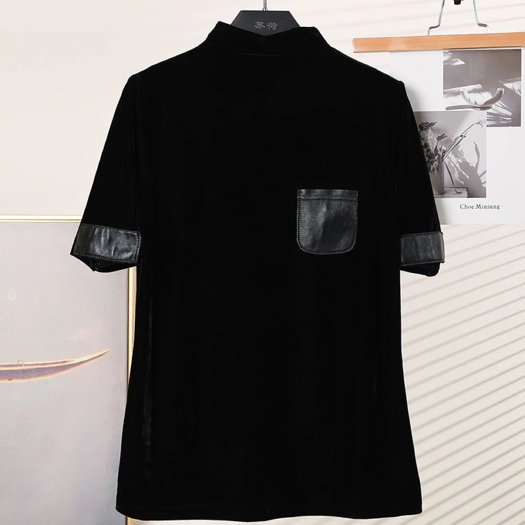 百搭显瘦真皮拼接堆堆领丝绒短袖打底衫