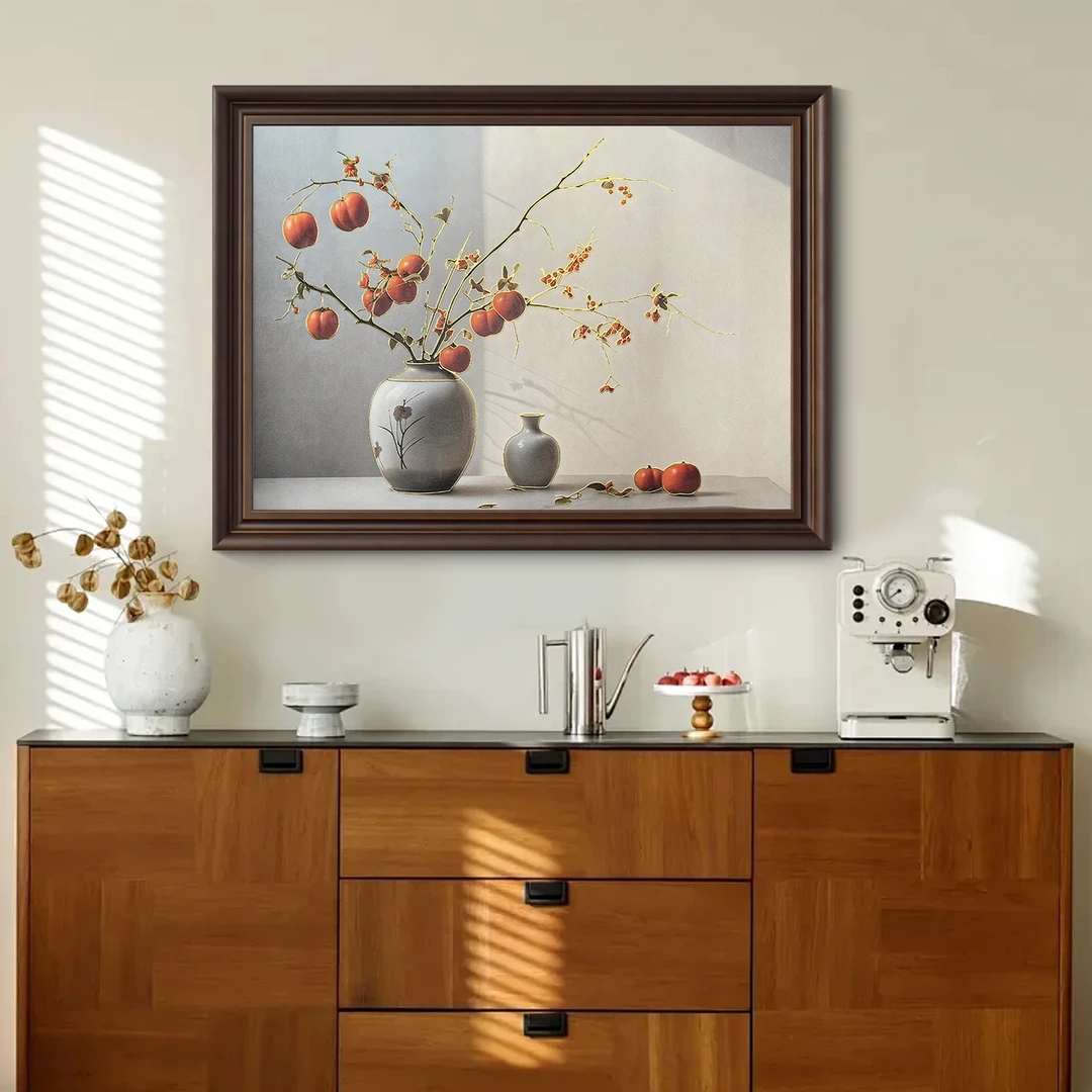 【柿满庭芳鎏金画】美式复古餐厅装饰画柿柿如意挂画过道高端横壁画