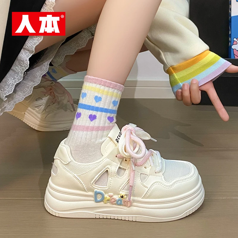 人本欧若仙女风板鞋女款2025新款夏季百搭凉鞋镂空增高透气小白鞋