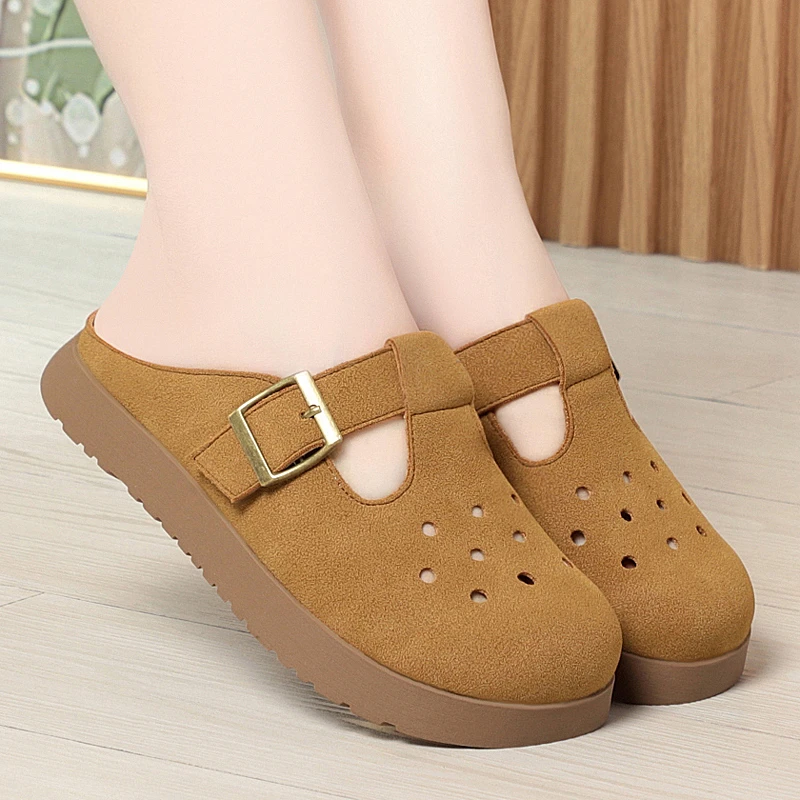 夏季新款勃肯鞋包头拖鞋女软底洞洞鞋防滑半拖女鞋透气舒适皮鞋女