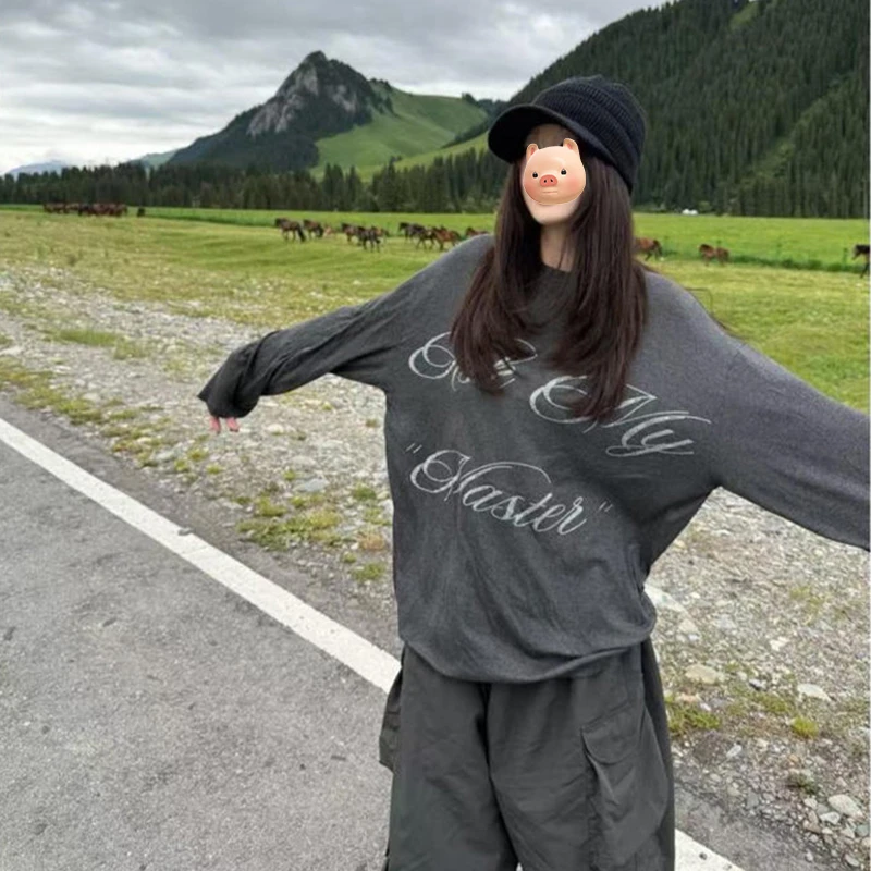 美式复古字母烫钻灰色长袖T恤女夏季薄款外搭防晒衣空调罩衫上衣