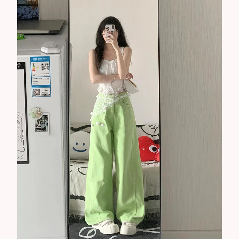 大码苹果绿阔腿牛仔裤女2025春季新款显瘦时尚百搭垂感直筒长裤子