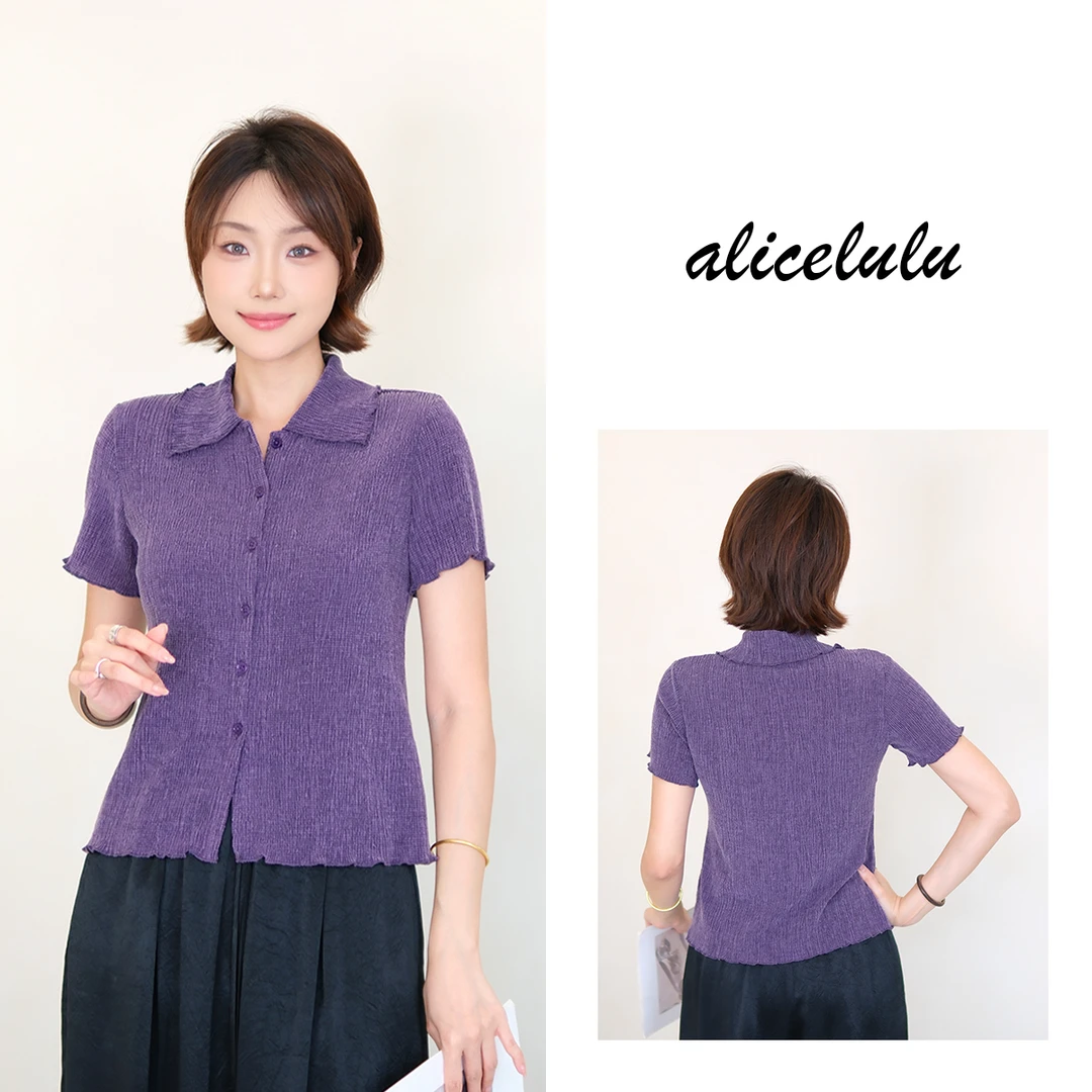 [alicelulu]紫色polo领减龄短袖波浪边显瘦衬衫S2143899W