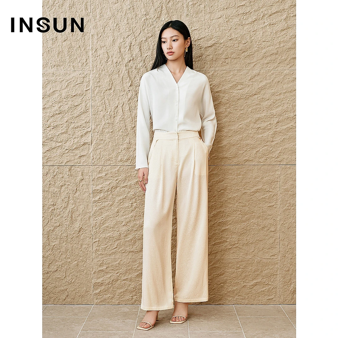 INSUN恩裳专选2025春季醋酸提花立褶H型直筒裤