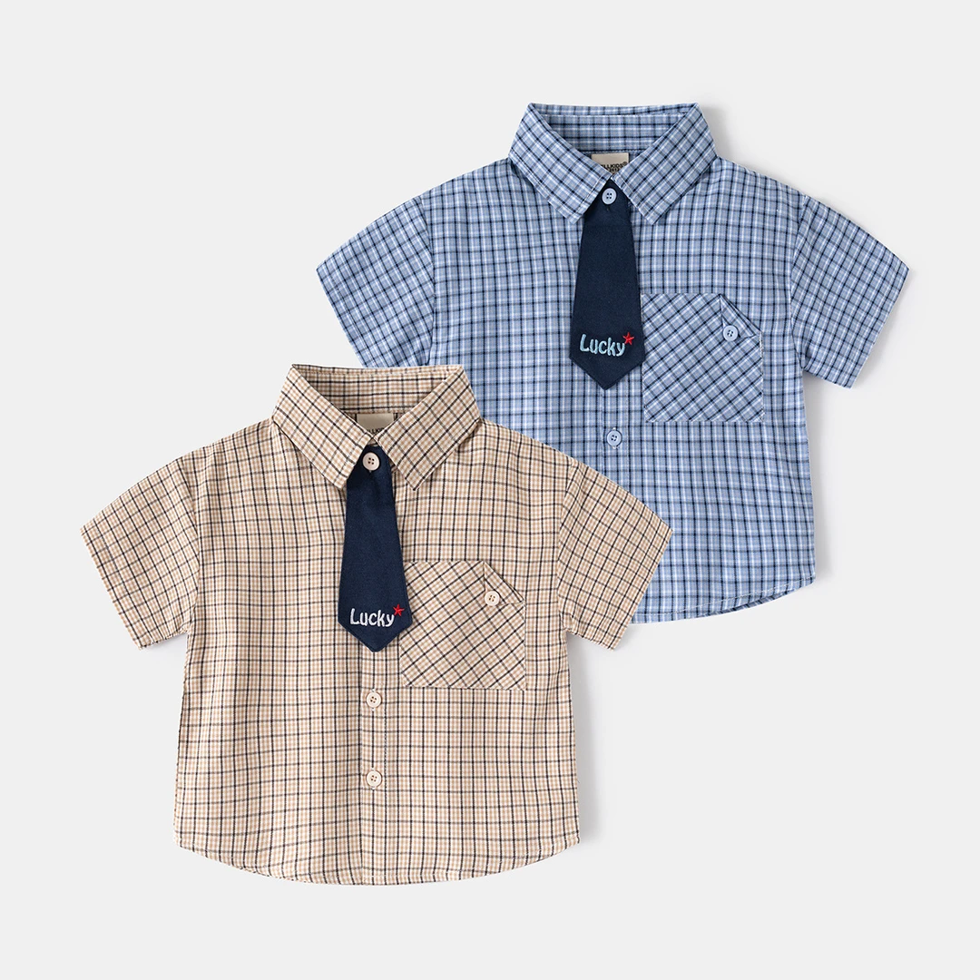 童泰【断码】童装男童短袖衬衫格子衬衣宝宝上衣90-140码儿童衣服