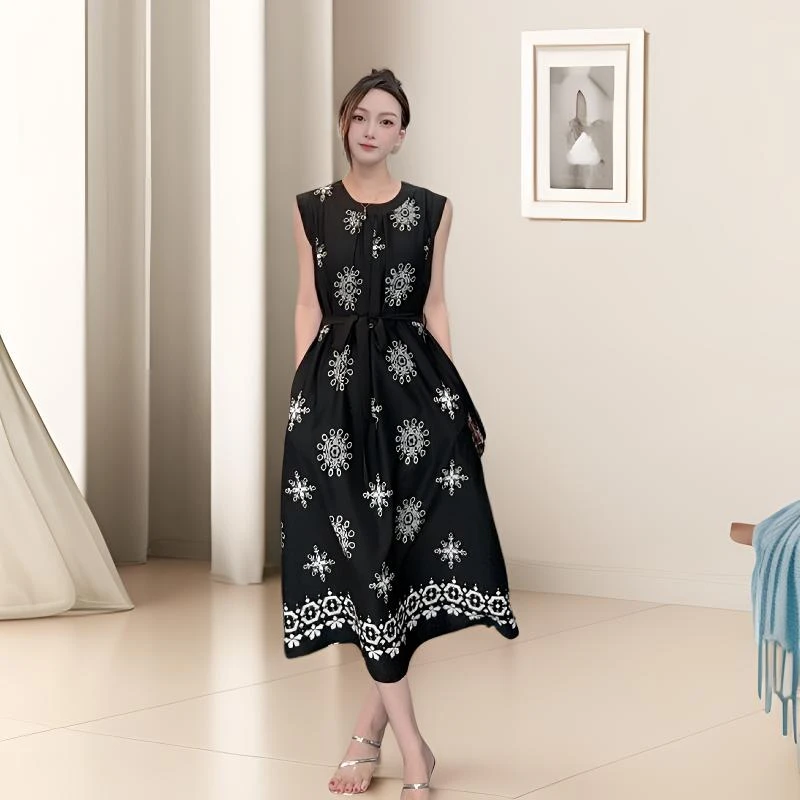 【有腰带】夏季新款无袖显瘦国风时尚连衣裙圆领印花裙子8832