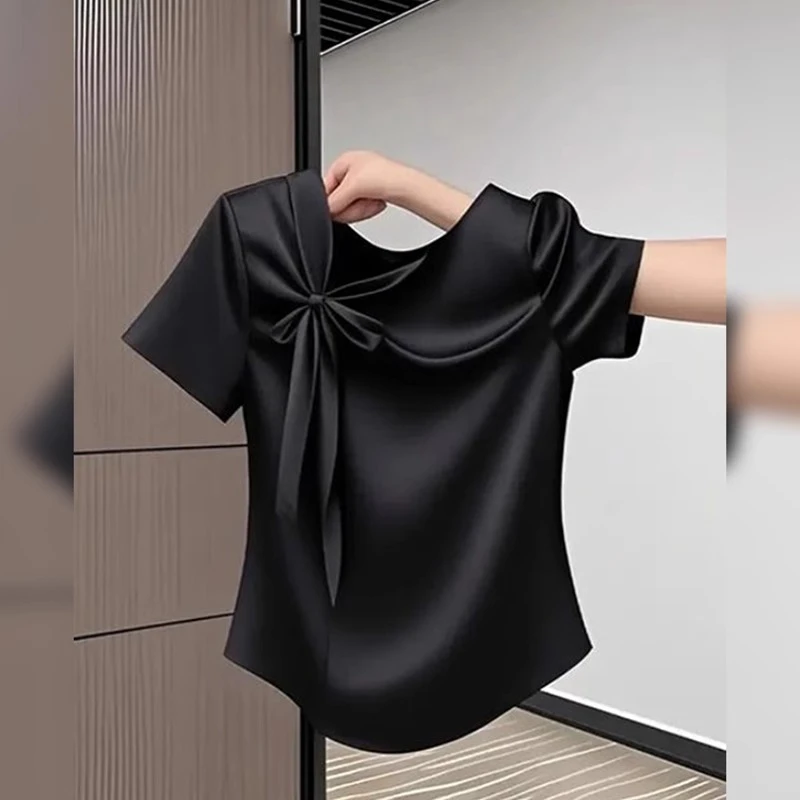 巨遮肚大码胖mm显瘦黑色蝴蝶结绑带短袖T恤女夏季正肩超好看上衣