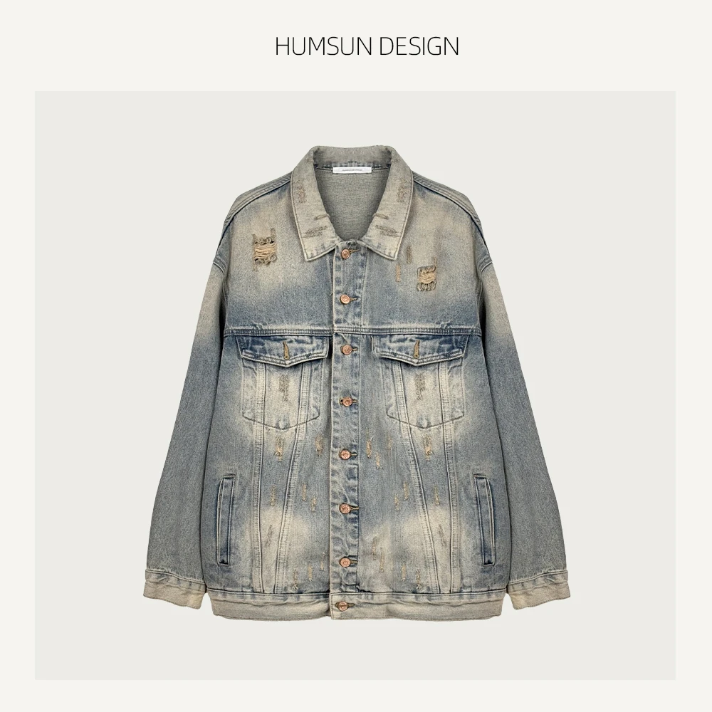 HUMSUN/禾木笙「潮流不羁」重工做旧水洗手工破洞牛仔外套 24E818