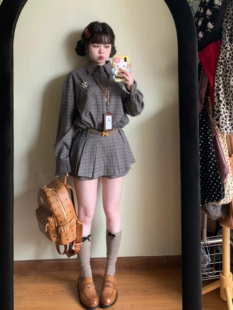 奶糖~【甜酷miu系格纹套装】秋季韩系学院感宽松休闲小个子两件套