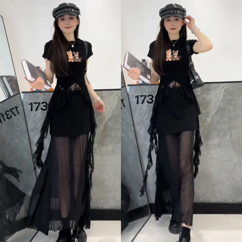 夏季套装女2025新款时尚辣妹不规则蕾丝拼接短袖网纱半身裙两件套