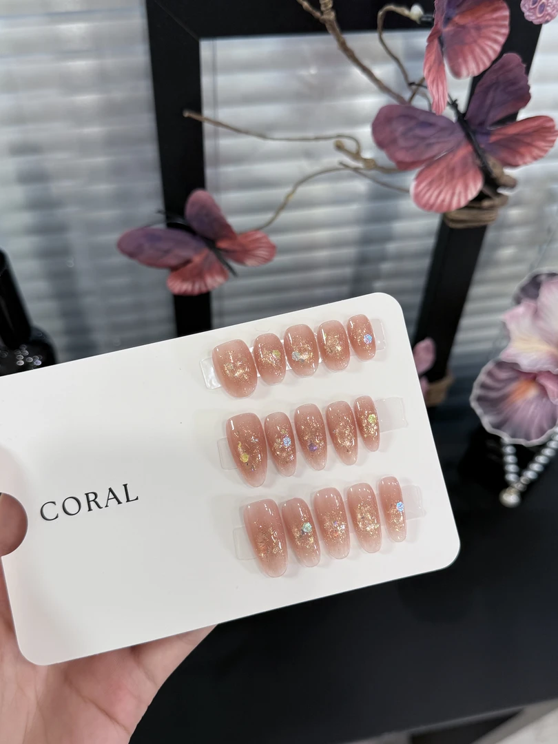 【雾海折光】珊瑚纪显白亮片细闪玻璃珠猫眼温柔气质纯手工穿戴甲