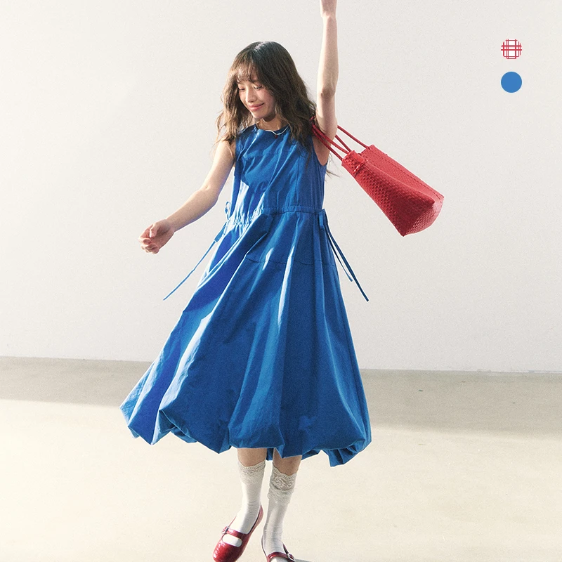 罐头士多所‘氧气絮语’蓝色圆领无袖可调节抽绳背心连衣裙花苞裙