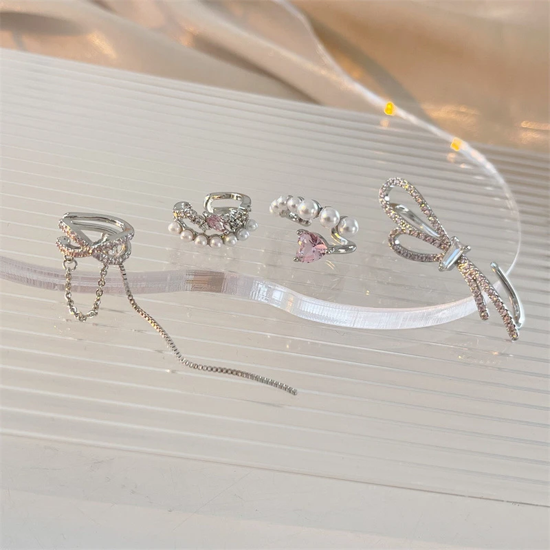 铜合金锆石耳饰 粉色爱心锆石耳骨夹 设计感蝴蝶结无耳洞耳夹女