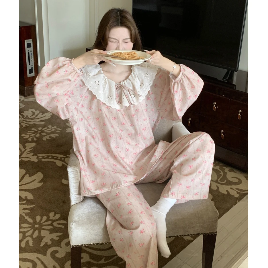 小清新碎花甜美宽松涤棉睡衣女春秋季套装新款公主风可外穿家居服