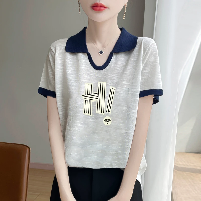 竹节棉宽松翻领撞色短袖t恤女士夏季韩版印花气质洋气时尚显瘦女