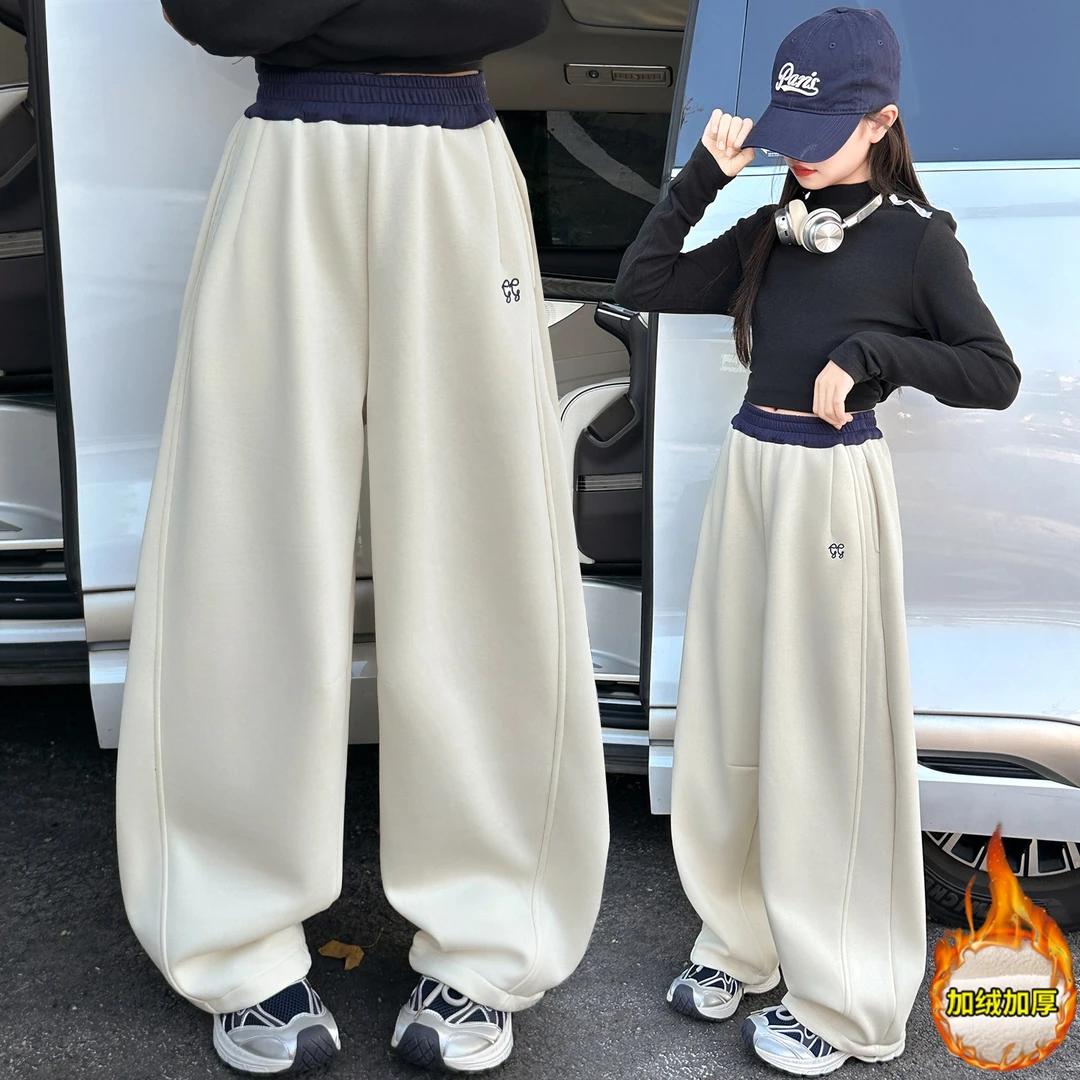 女童秋冬加绒加厚卫裤2025新款韩版休闲冬装大童时髦一体绒阔腿裤