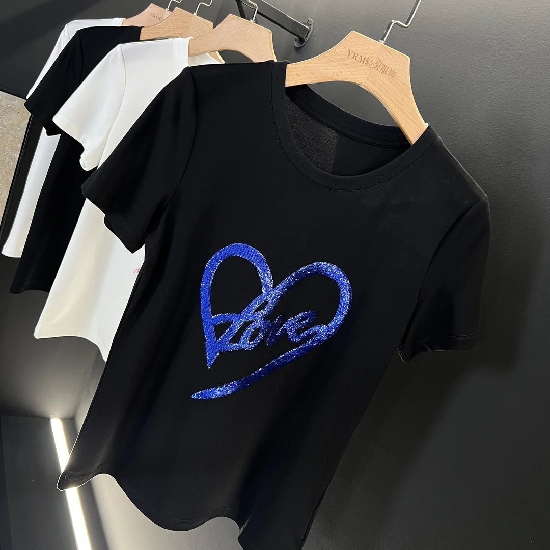 短袖t恤2025夏装轻奢大码女亮片显瘦圆领宽松百搭天丝冰感棉T恤衫