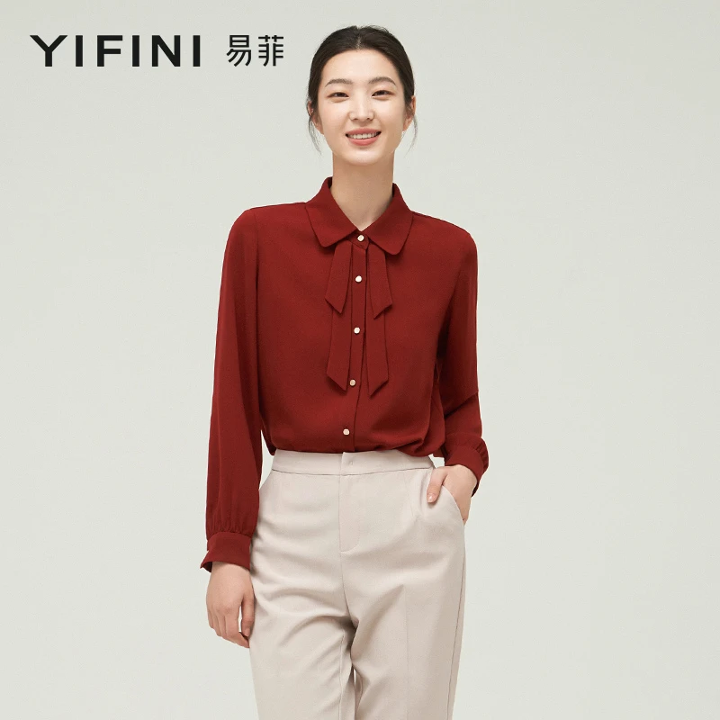 【Yifini】专柜同款铁锈红精致高雅宽松短款衬衫B09C1411