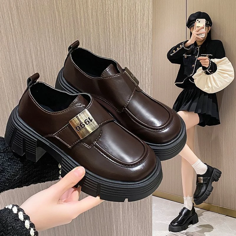 魔术贴高跟百黑色单鞋新款冬季厚底英伦风女软底圆头小皮鞋