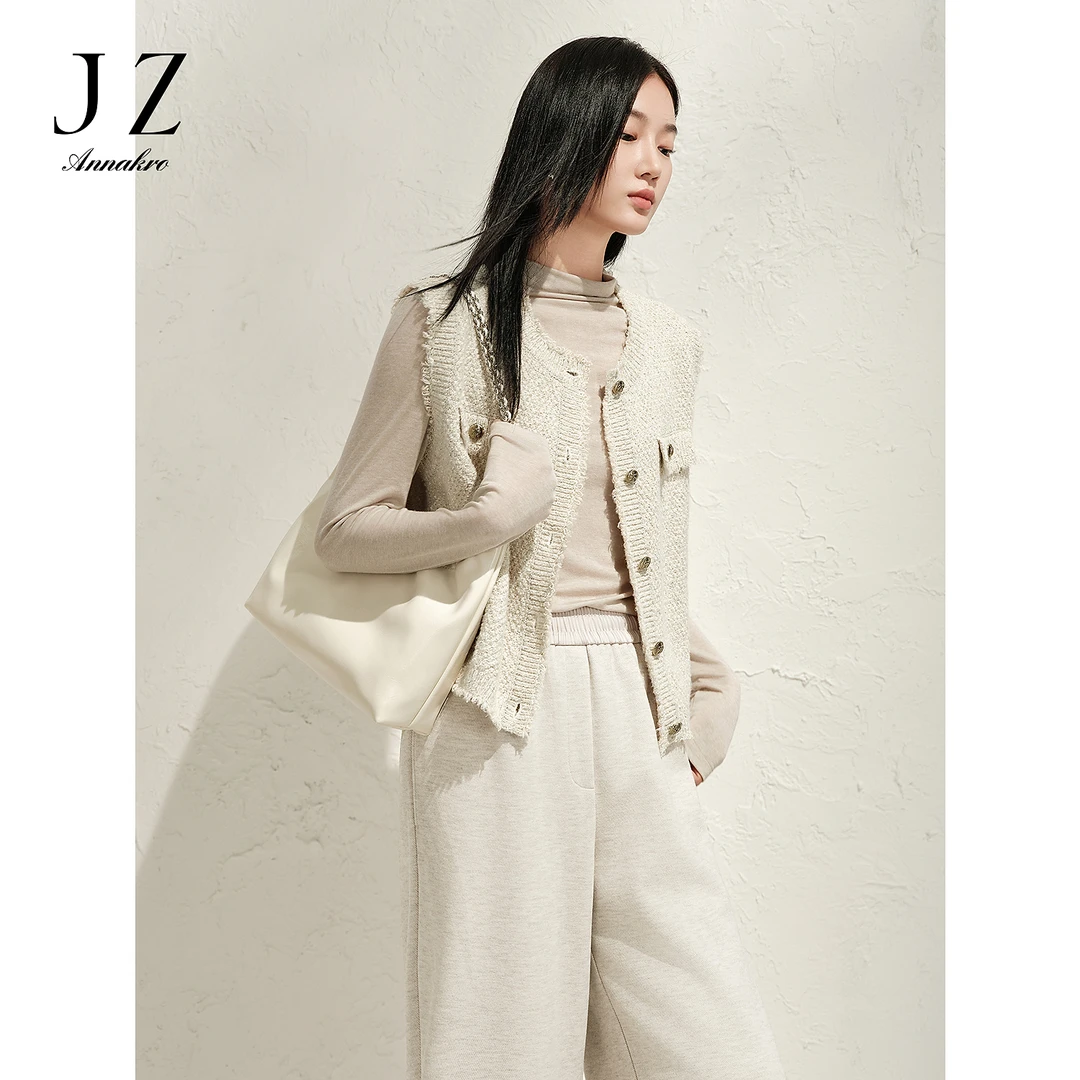 玖姿安娜蔻法式慵懒小香风新疆棉夹花呢针织马甲女2025春季新款