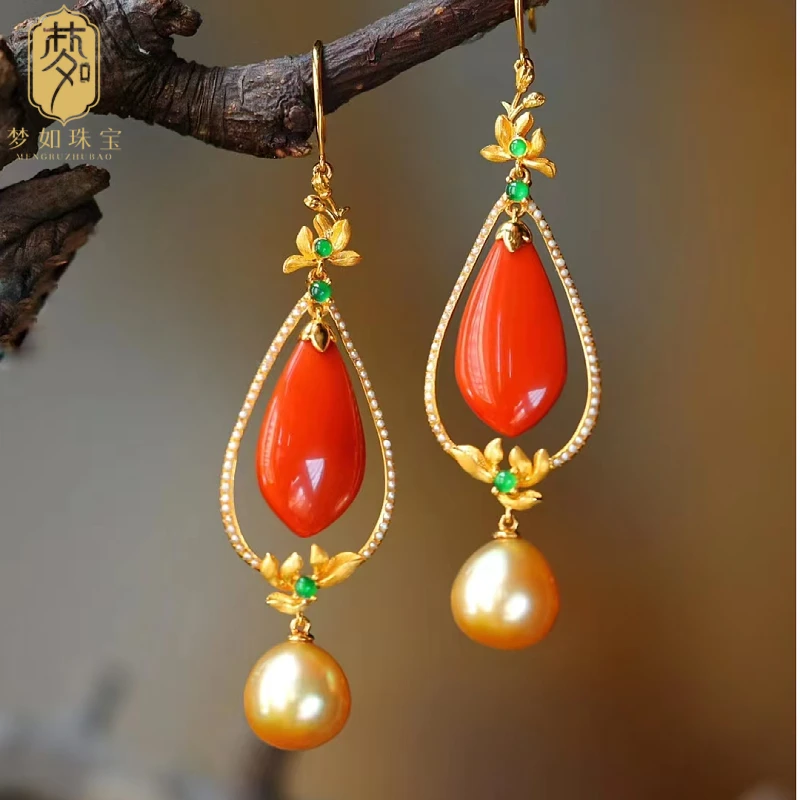 18k金南红水滴耳坠ZS