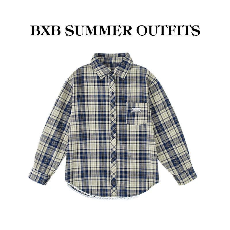 格子衬衫蕾丝外套女款休闲复古2025春夏新款宽松长袖衬衣时尚百搭