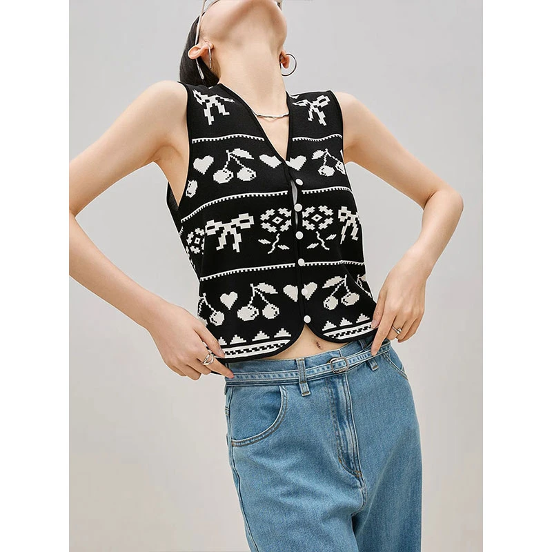 高级感简约复古V领设计感背心女夏提花无袖针织马甲开衫百搭上衣