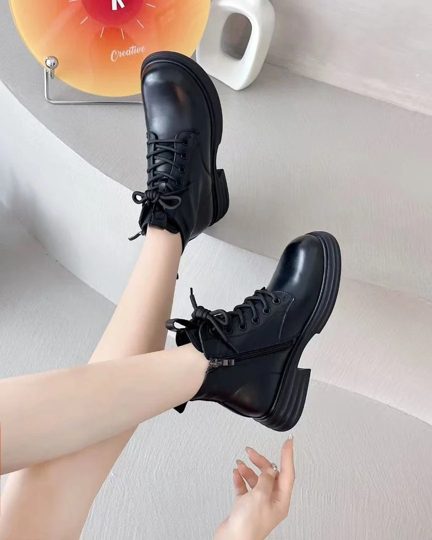 Wh881女鞋冬季新款马丁靴方系带棉鞋靴子薄绒