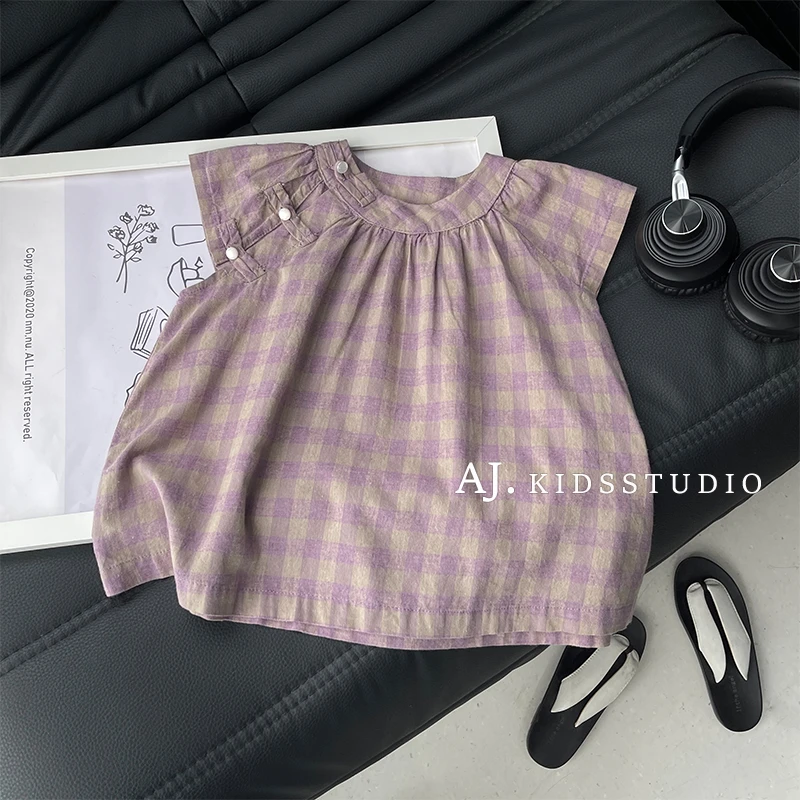 Q现【芋泥啵啵】阿卷女童时尚国风盘扣撞色格纹短袖衬衫上衣MPG6300