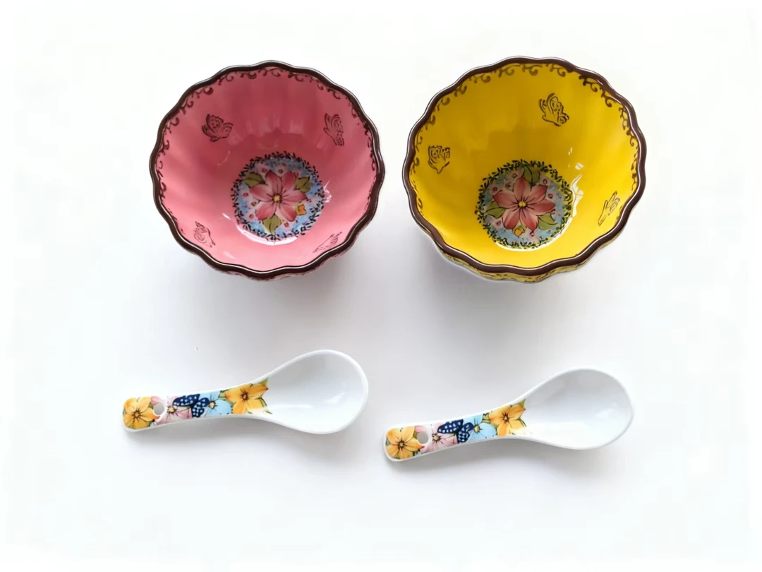 SANSEJIN四季新款 粉色黄色米饭碗2个送2个勺