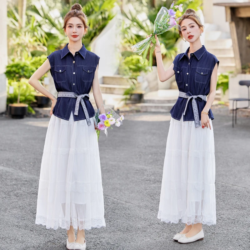 韩系穿搭牛仔套装女2025夏季新款高级感时尚气质网纱半身裙两件套