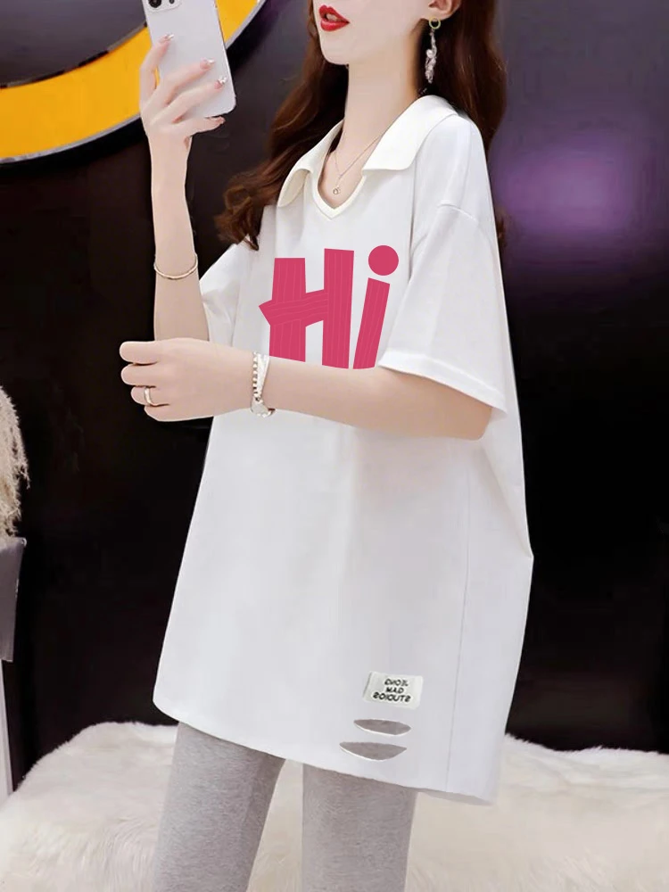 高个子夏季V领POLO领上衣简约时尚印花款t恤女中长款破洞白色短袖