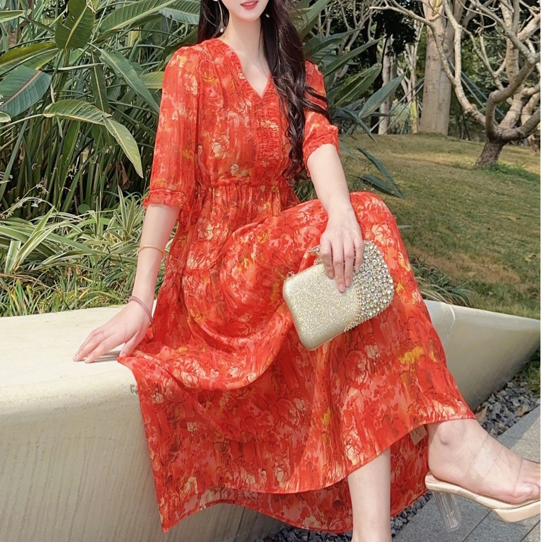 【2585海棠醉日】25年新款炙热橙红气质长款蚕丝印花连衣裙长118
