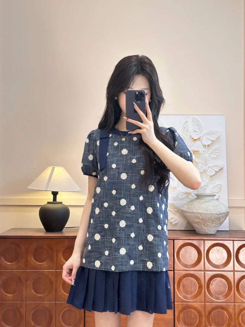 周周【夏日香气】夏款韩系短袖波点百褶裙减龄少女千金风宽松显瘦裙