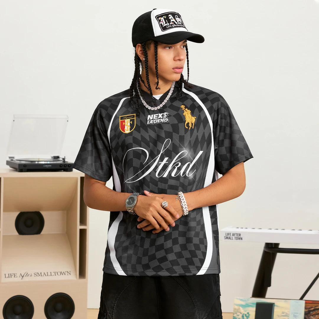 STK SmallTown Kid 扭曲格子拼接短袖POLO衫球衣短袖T恤男女上衣