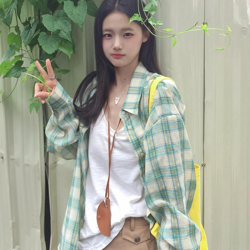 小仙倪子韩系慵懒风衬衫女春夏新款宽松休闲衬衣蓝色格子上衣外套