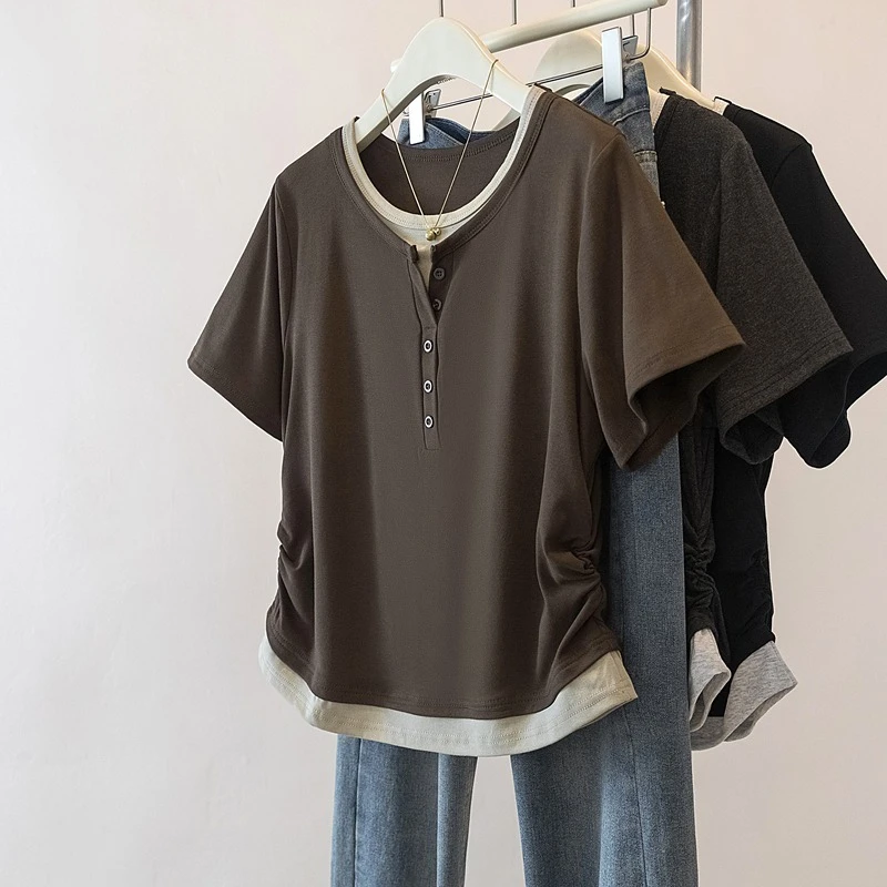 美拉德咖色正肩短袖T恤女2025夏大码胖mm爆款小衫不规则掐腰上衣