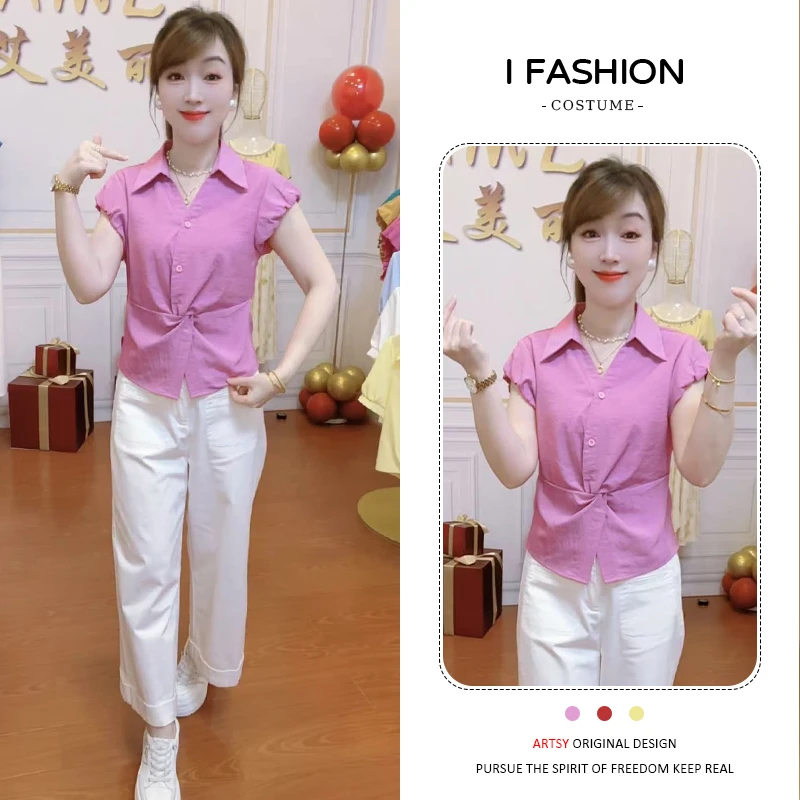 交叉扭结时尚简约短袖衬衫女2025年夏季新款遮肚显瘦设计感上衣潮