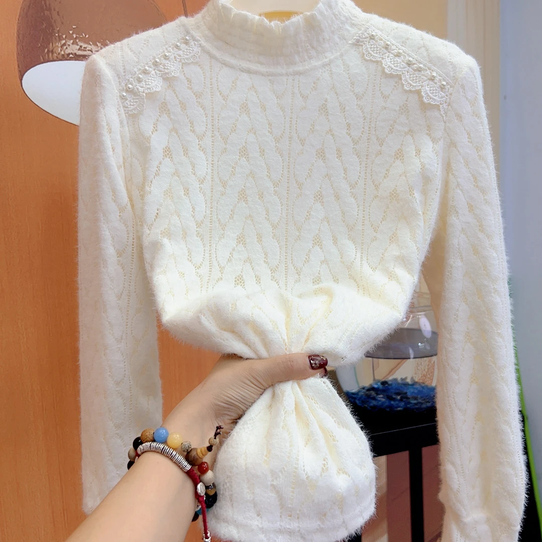 立领钉珠内搭外穿大码长袖宽松保暖打底漂亮套头气质加绒厚蕾丝衫