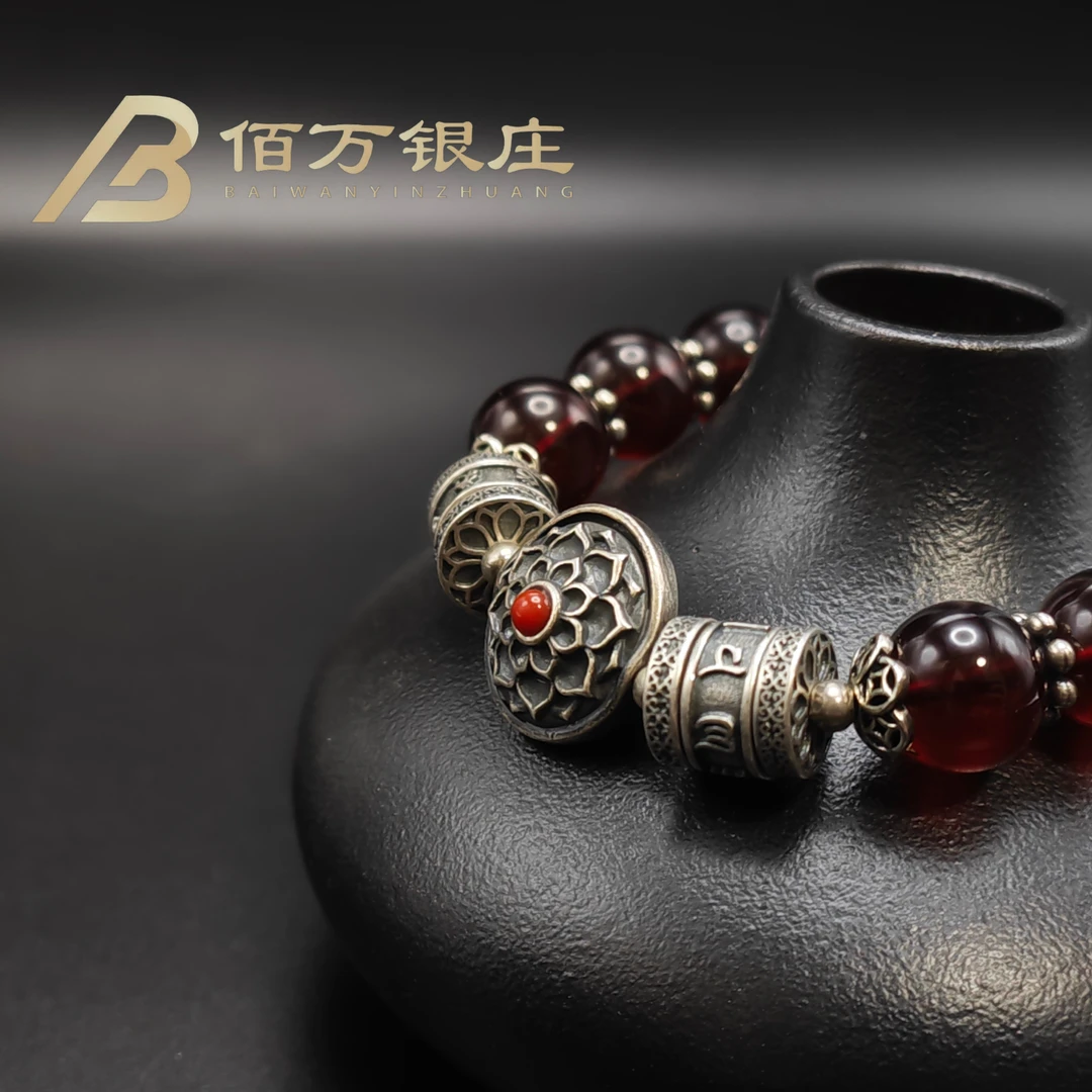 【佰万银庄】  银925 天然血珀六字真言手链手串