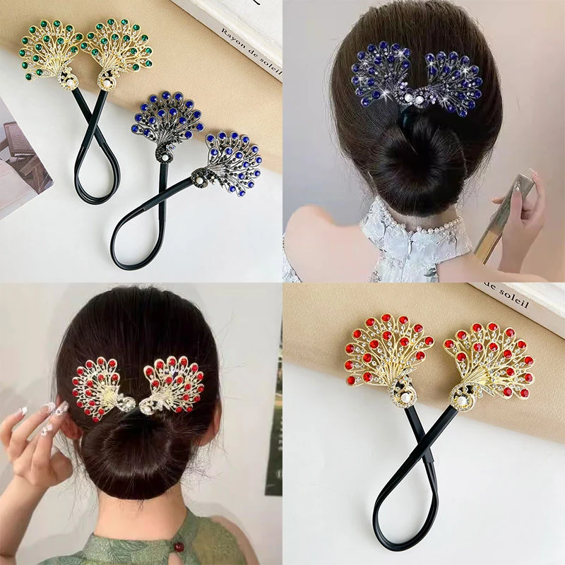 中国风孔雀盘发器女生古典旗袍发饰丸子懒人高级感饰品优雅发夹