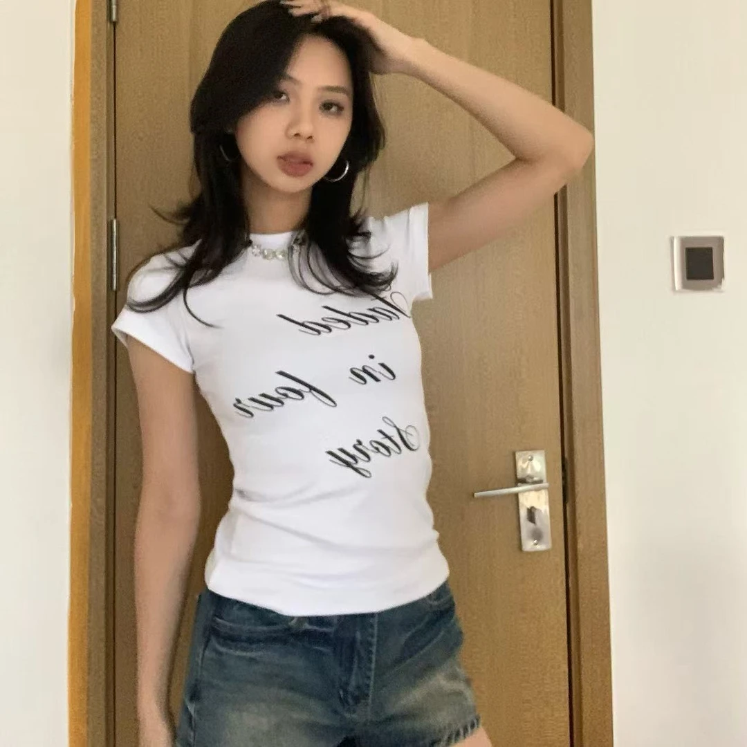 Pp【现现自由】简约字母圆领印花短袖修身显瘦正肩甜酷T恤S25223