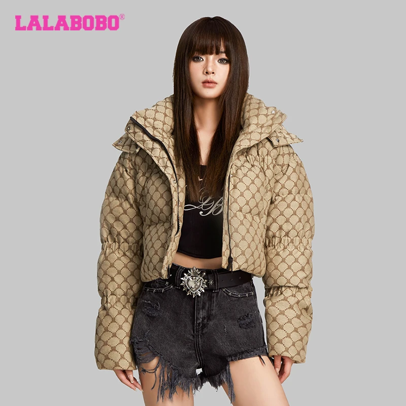 7611【金拐子】LALA老花连帽女款短款休闲时尚保暖冬季百搭羽绒