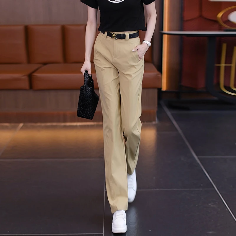 2025新款夏季纯色窄版直筒阔腿裤女高腰显瘦时尚休闲女款通勤裤子